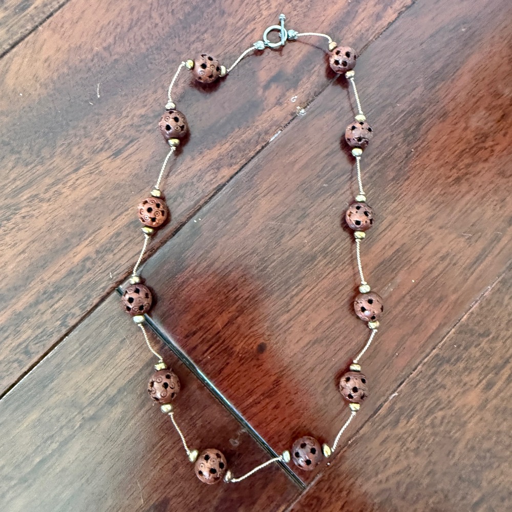 Vintage Carved Wood Bead Necklace Pierced Brown Gold Toggle Boho Artisan 14"